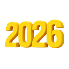 Yellow 3D Text "2026" Shines. Glossy surface reflects light. Use for banners, posters, or digital graphics announcing the upcoming year 2026.