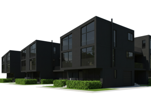 Modern black architecture buildings urban development 3d render contemporary style front concept isolated on transparent background