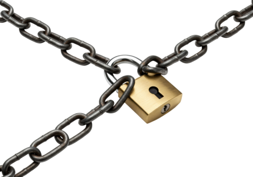Security lock on chain industrial setting still life protection concept isolated on transparent background