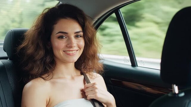 Smiling woman passenger enjoying positive taxi ride experience looking at camera with happy cheerful expression