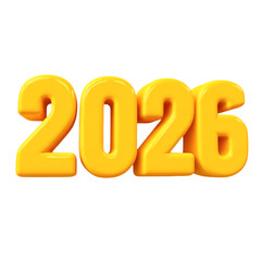 Yellow 3D '2026' shines; glossy, playful design. Perfect for event posters, year-end graphics, or social media updates.