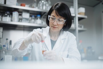 Female scientist pipetting liquid in laboratory