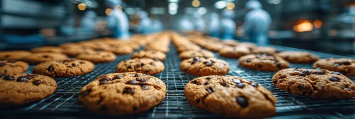 Freshly baked chocolate chip cookies cooling in a bustling bakery during the late afternoon shift