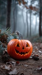Fototapeta premium Carved Halloween pumpkin sits on forest floor with ferns and fallen leaves, a spooky tradition for the autumn season, evoking a sense of mystery and enchantment.