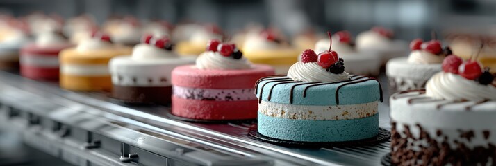 Colorful cakes displayed on a conveyor belt in a bakery during the day while showcasing elaborate decorations and various flavors