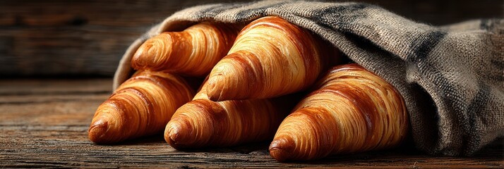 Freshly baked croissants resting on a rustic wooden table wrapped in a linen cloth