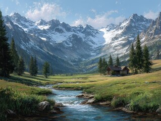 Tranquil Alpine Valley: Snow-Capped Peaks Surrounding a Pristine River Through Green Meadows and a Quaint Chalet