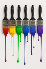 Row of six flat paintbrushes with black handles and unbranded silver ferrules, dripping colorful paint, isolated on a clean white background. Studio shot with copy space for design.