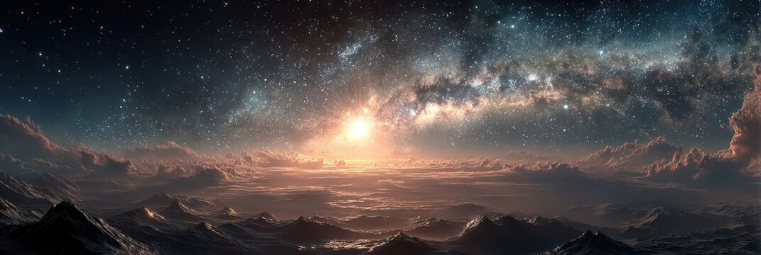 Stunning view of a galactic sunset over a rugged landscape captured in deep space