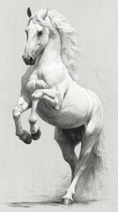Majestic white horse rears up against a textured background in a captivating display of strength and grace