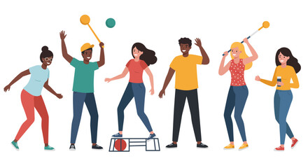 Obraz premium A diverse group of six smiling individuals enthusiastically participating in various athletic and fitness activities, including track and field events.