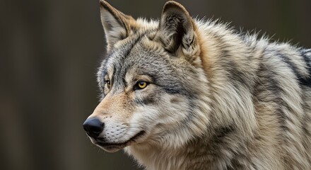 Fototapeta premium Close up portrait of a gray wolf with piercing yellow eyes in a natural setting looking to the side