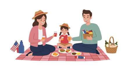 A happy family, including a mother, father, and daughter, enjoying a patriotic summer picnic on a checkered blanket with food and drinks.