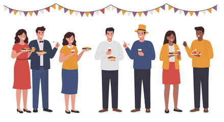 Obraz premium A diverse group of happy people enjoying food and drinks at a festive party with colorful banners.