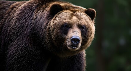 Fototapeta premium Close up portrait of a brown bear with dark fur against a blurry green forest background outdoors in nature