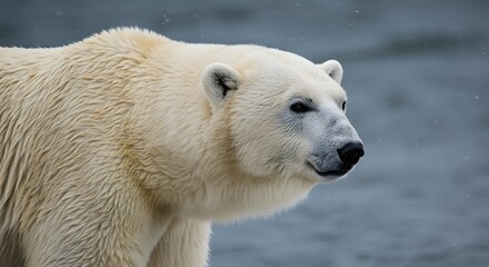 Fototapeta premium Close up shot of a polar bear with a wet coat looking to the right against a blurred background