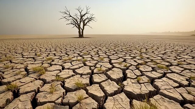 Dry cracked earth landscape with barren tree, depicting drought and climate change