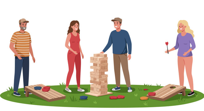Diverse group of friends enjoying outdoor lawn games like Jenga and cornhole on a grassy field.