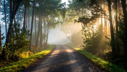 Fototapeta premium Sunlight path through misty woods