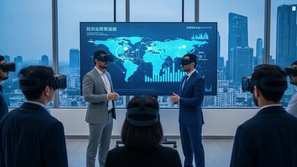 A team explores global data with virtual reality headsets A futuristic meeting showcases collaboration in a high rise office with a world map display - Powered by Adobe