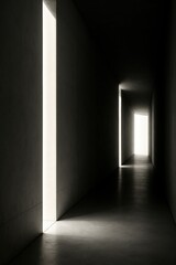 Abstract minimalist dark hallway with dramatic light slits and shadows
