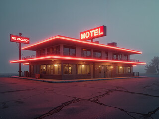 Classic motel illuminated at night with neon lights in foggy weather  