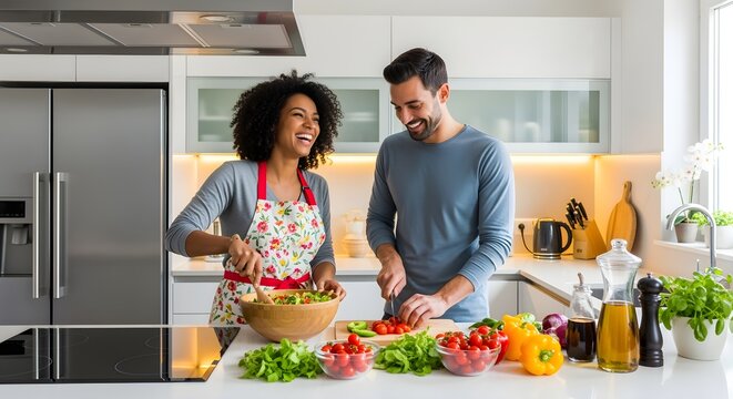 "Couple cooking healthy meal together in modern kitchen"