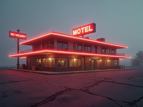 Classic motel illuminated at night with neon lights in foggy weather   - Powered by Adobe