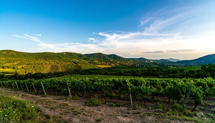 Fototapeta premium Scenic vineyard landscape at sunset
