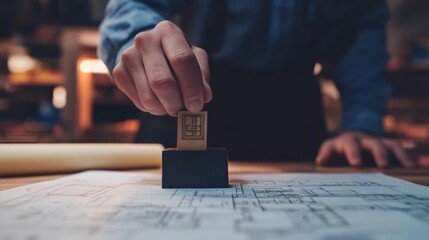A professional hand imprints a rubber stamp on a detailed blueprint, signifying official approval