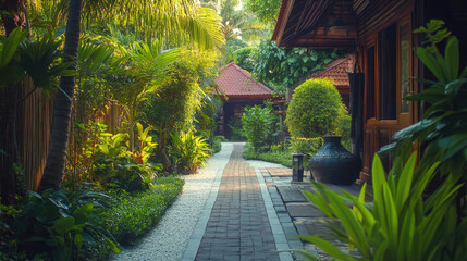 Obraz premium A peaceful garden view from a Thai massage center
