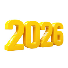 3D Yellow "2026" stands against a white background. Perfect for posters, website headers, and new year's event branding.