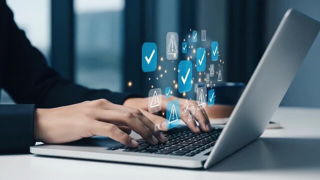 Hands type rapidly on a laptop Digital checkmarks float above the keyboard symbolizing verification accuracy and task completion in a modern workspace