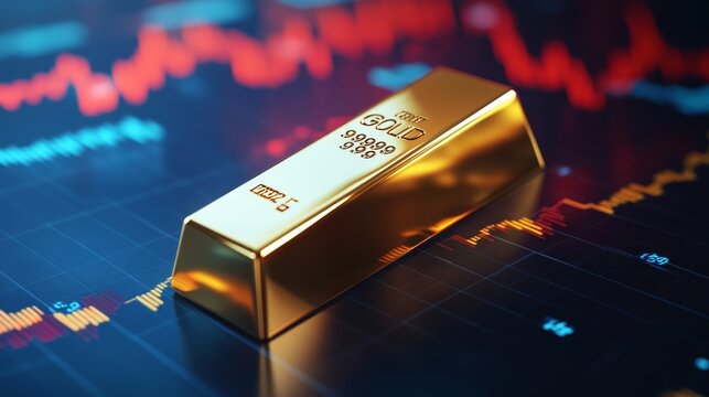 Gold bar on business backdrop featuring charts and trading for financial investment insights