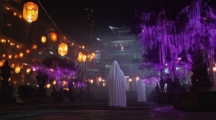 Mysterious spirits in white robes stand solemnly in a traditional Asian temple courtyard at night. Lanterns illuminate the scene as purple lights adorn a large tree. Hungry Ghost Festival.