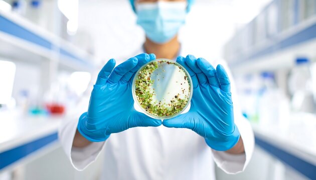 Scientist holding petri dish with growth