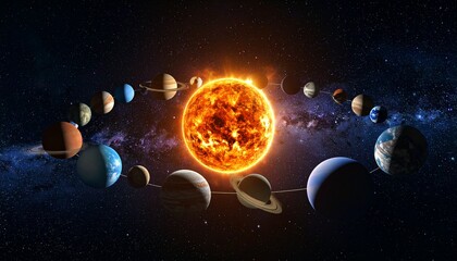 Celestial depiction of the solar system with planets aligned in orbit around the brilliant sun, set against a cosmic galaxy