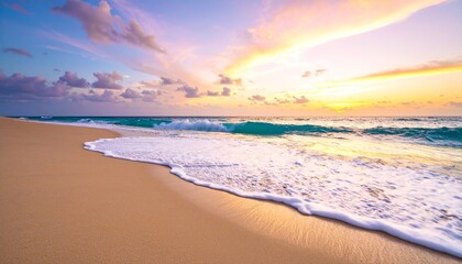 Obraz premium Golden hour serenity on a tropical beach. Gentle waves lap the shore under a vibrant sunset sky, creating a picturesque coastal scene, evoking natural beauty.