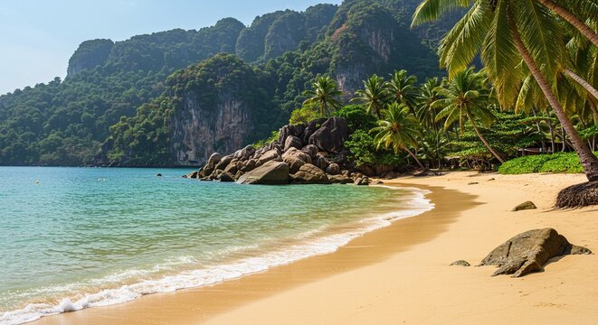 Tropical beach scene with palm trees, turquoise water, and rocky cliffs under a bright sky day light - Powered by Adobe