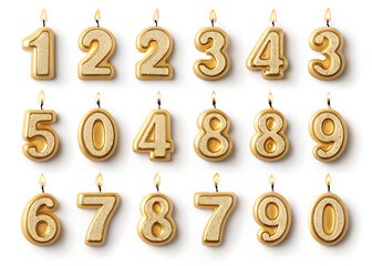 Arrangement of golden number candles from zero to nine on a white background with burning flames on wicks