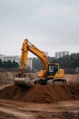 Yellow excavator at construction site amidst urban buildings and trees