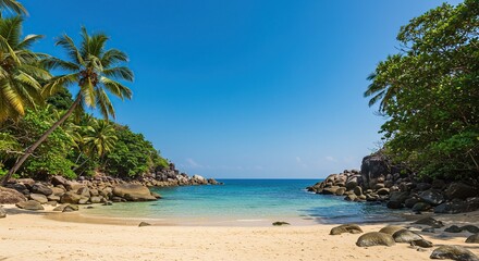 Explore tropical beach paradise: serene ocean views, white sand, palm trees, and clear blue sky escape -