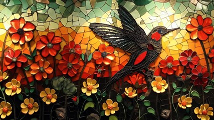Shimmering Glass Mosaic: A Detailed Hummingbird Hovers Amidst Vibrant Red and Yellow Flowers. - Powered by Adobe