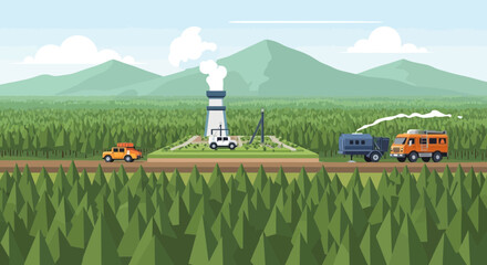 Flat Illustration Of Vehicles In A Forest Near An Industrial Site