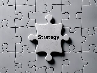 Fototapeta premium Top view of a jigsaw puzzle with missing center piece engraved with the word strategy, business concept, professional background, no people