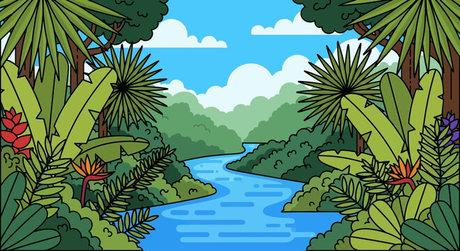 Lush Tropical River Scenery Amidst Dense Vegetation And Clear Sky