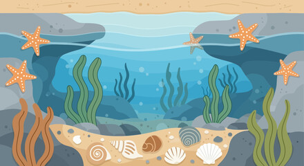 Ocean Underwater Landscape With Starfish And Seashells Cartoon Illustration