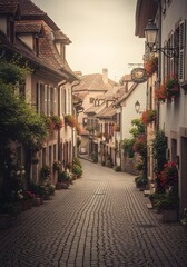 Fototapeta premium Cozy European village street with cobblestone roads, soft lighting