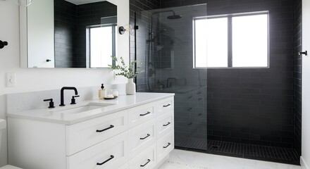 Fototapeta premium A modern bathroom with white vanity and black fixtures next to a dark tiled shower with glass door