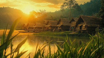 A picturesque view of traditional bamboo houses in Assam